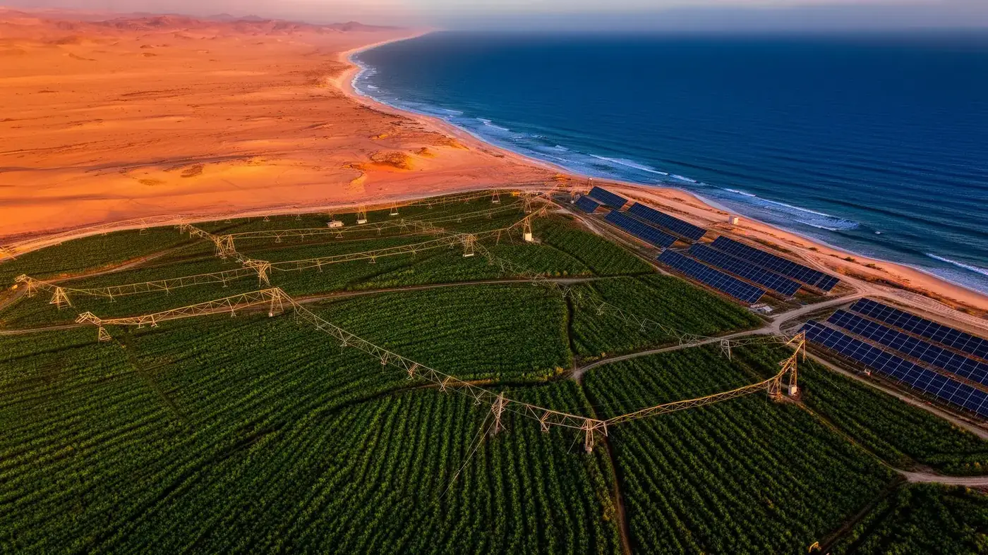 Aerial view of green irrigated farmland meeting arid desert coastline beside deep blue ocean