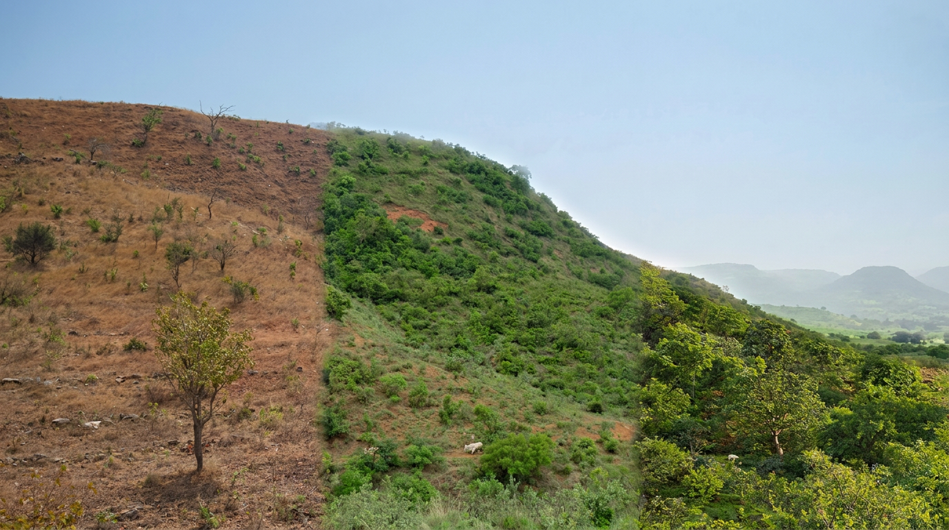 Cracked dry land transitioning into green farmland