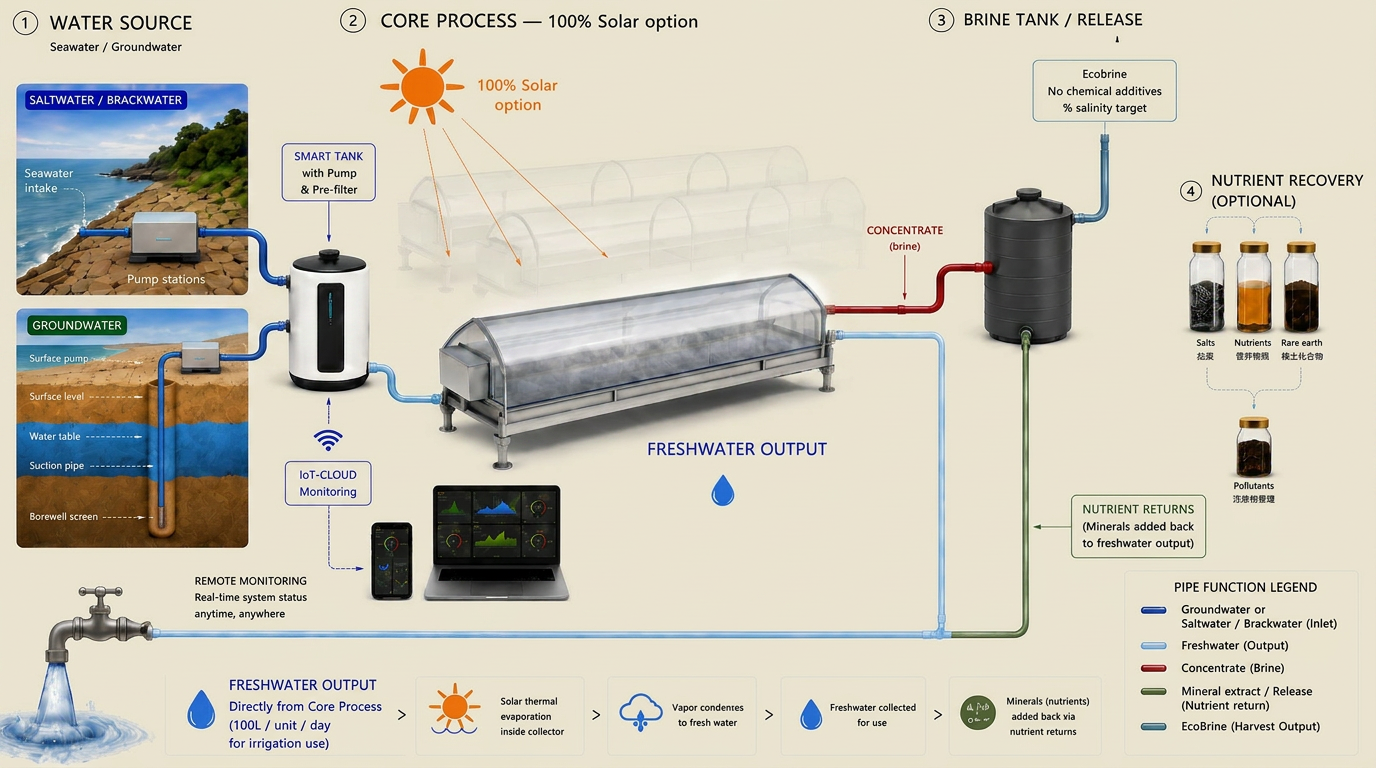 ReGen solar desalination process diagram — water source, core solar process, brine tank, and freshwater output