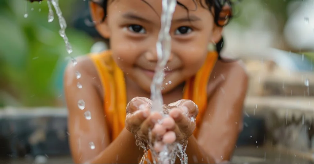 Child cupping fresh water in their hands, smiling