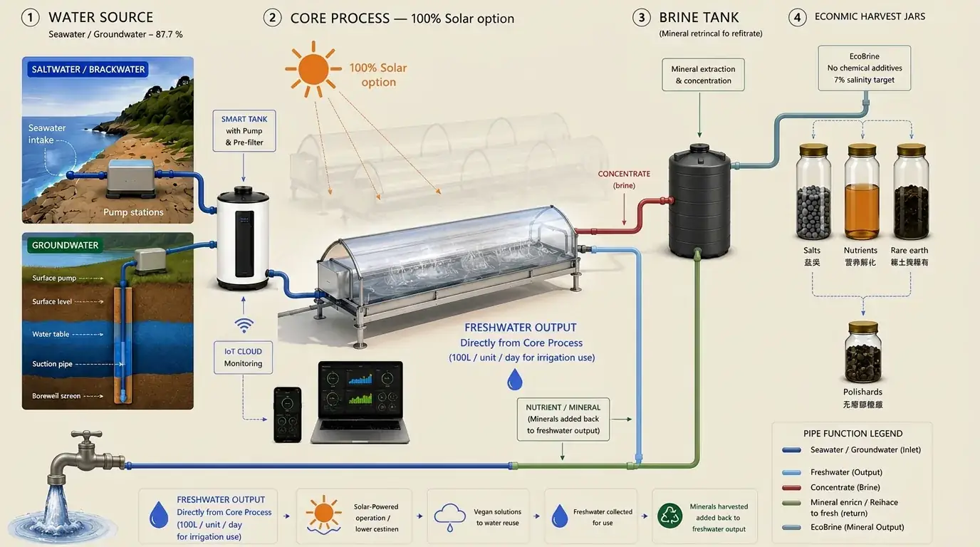 ReGen system process diagram — water source, core solar process, brine tank, and harvest jars