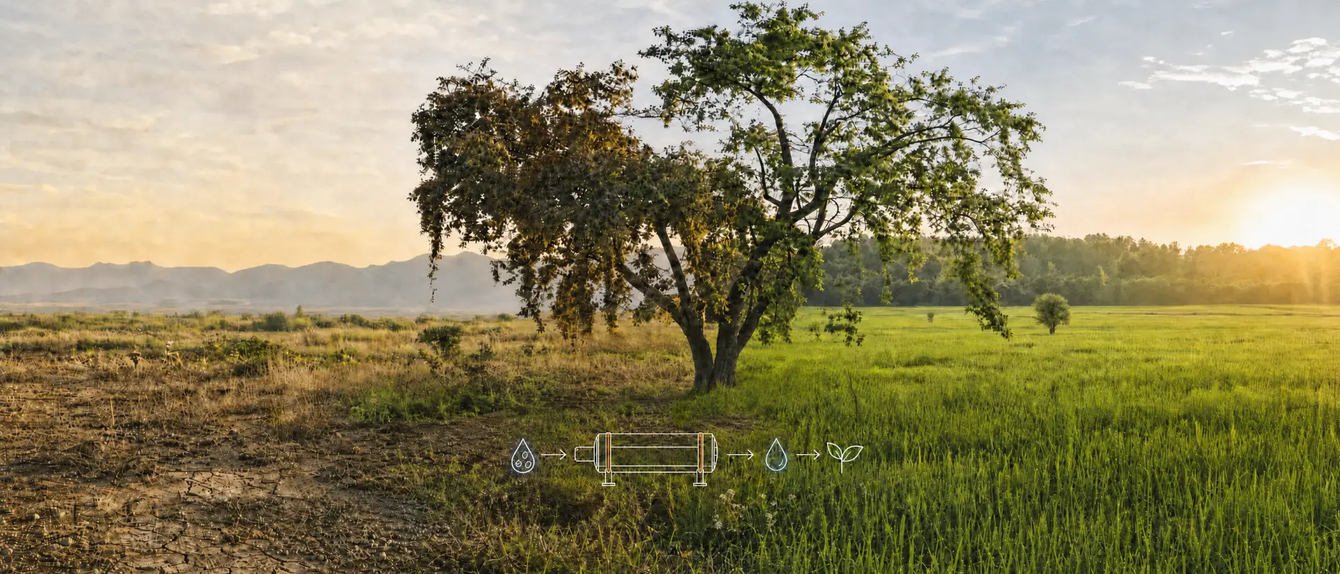 Landscape showing the ReGen process: dry salt-affected land transformed into green farmland through solar desalination