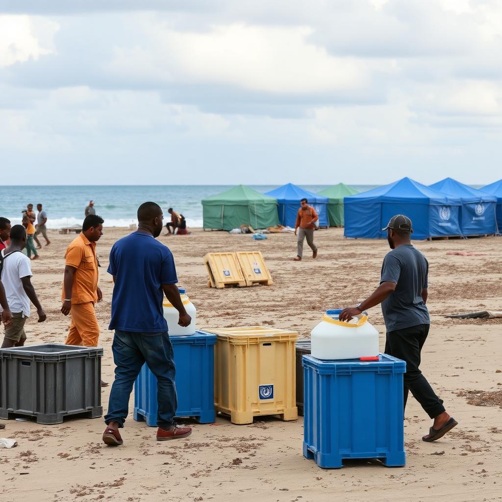 Humanitarian responders deploying modular water units on a coastline beside relief tents