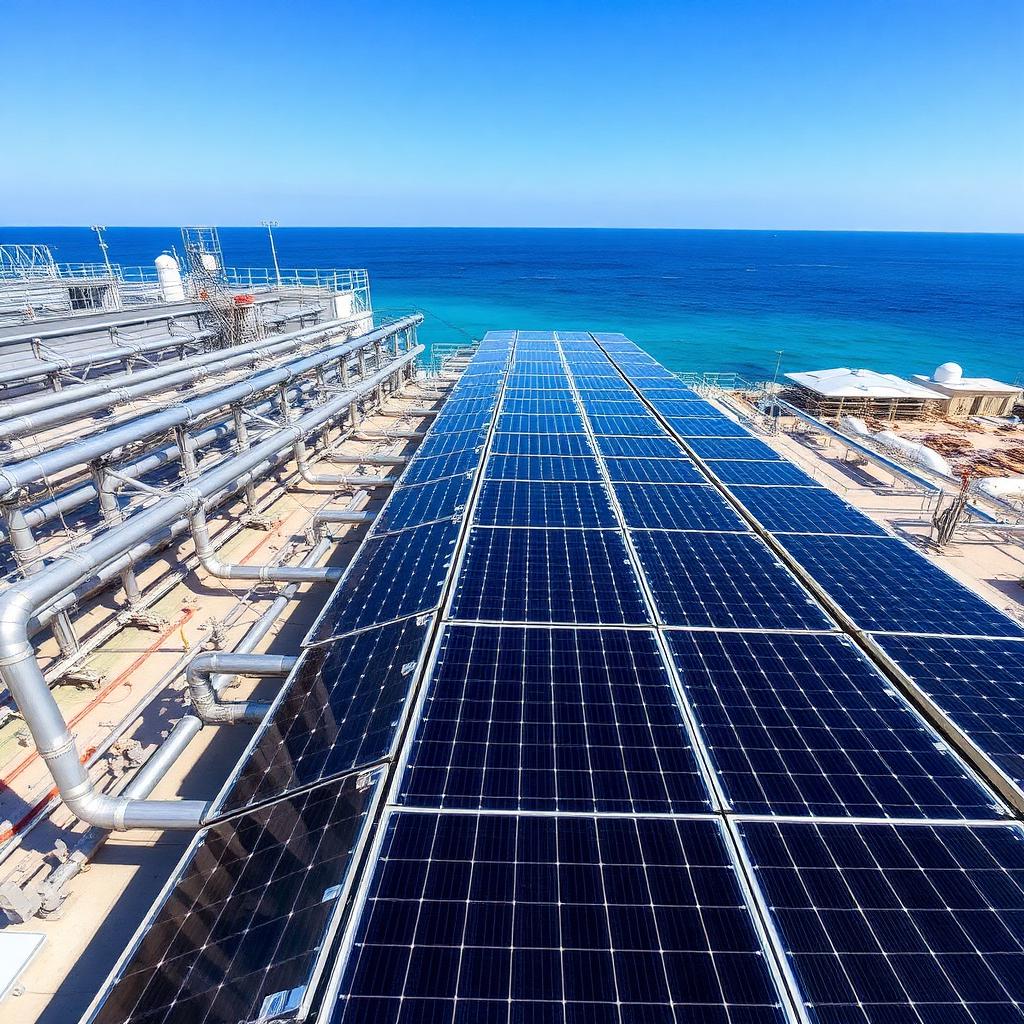 Rows of large solar desalination collectors at a coastal industrial facility
