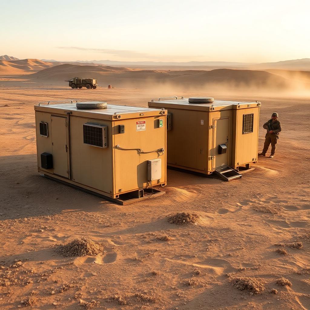 Solar desalination units operating at a coastal military forward operating base at dawn