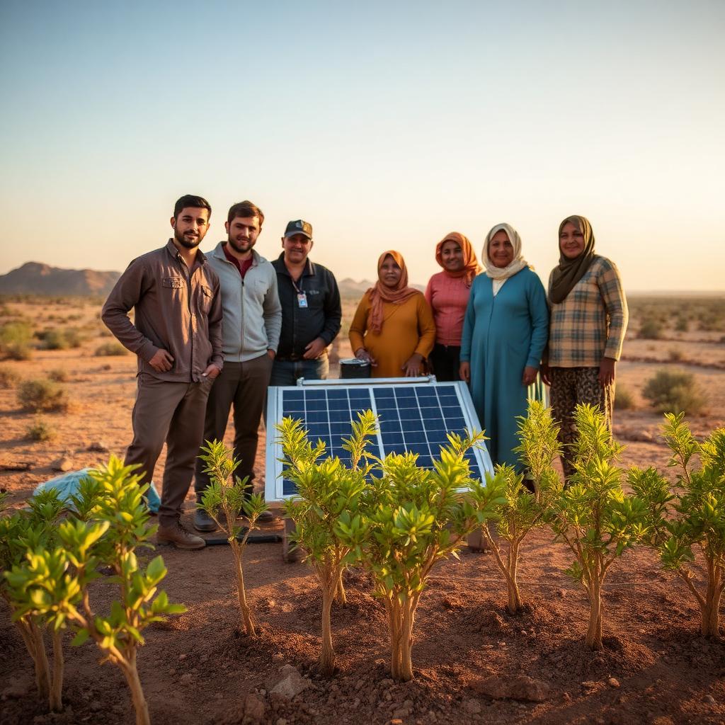 Field workers and community members beside a solar desalination unit with newly planted saplings