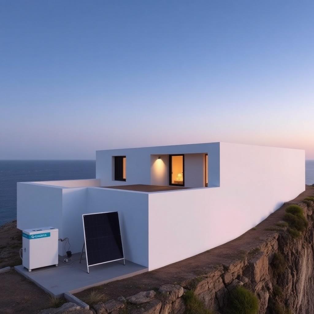 Minimalist coastal villa on a cliff with a compact solar desalination unit beside it at dusk