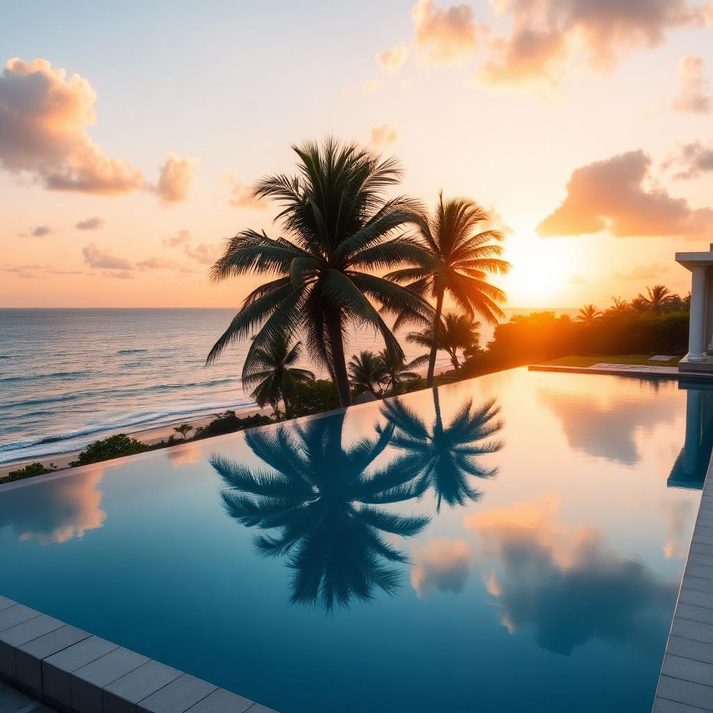 Infinity pool at a luxury eco-resort overlooking the ocean at sunset
