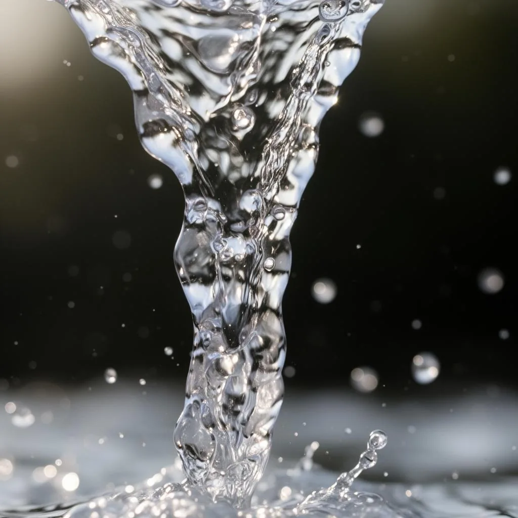 Macro photograph of clear water mid-pour against a dark background